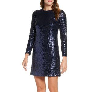 NAVY - Long Sleeve Allover Sequined Sheath Dress